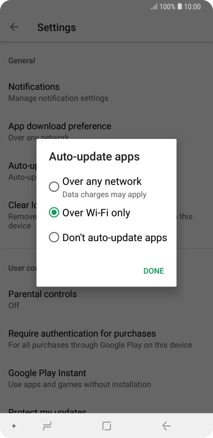 To turn on automatic update of apps using mobile network, press Over any network. Data charges may apply.