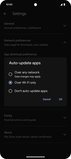 To turn on automatic update of apps using mobile network, press Over any network.