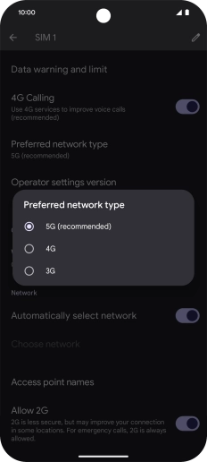 Press the required network mode.