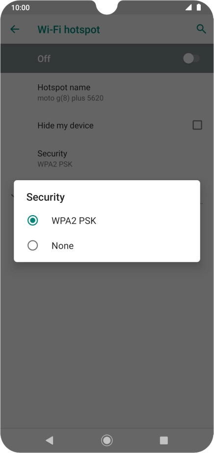 Press WPA2 PSK to password protect your Wi-Fi hotspot.