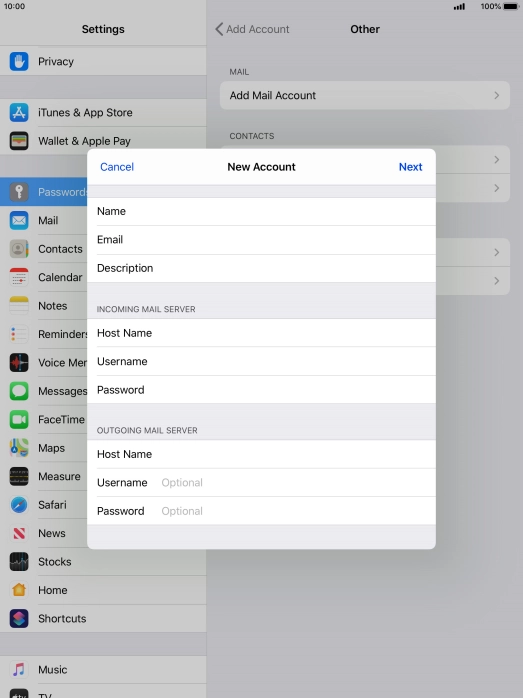 Press Username and key in the username for your email account.