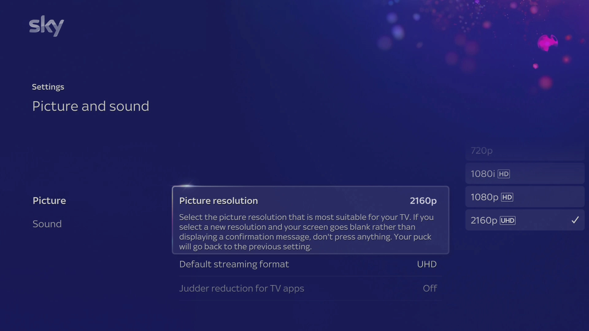 Select the required setting.