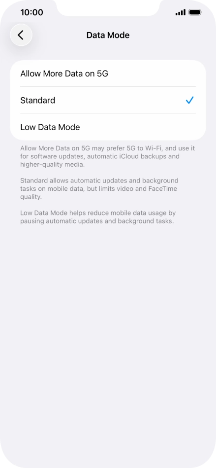 Press the required setting.