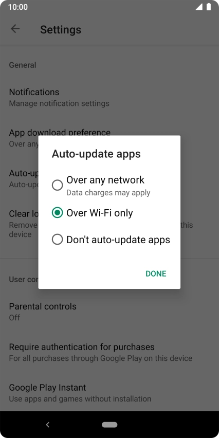 To turn on automatic update of apps using mobile network, press Over any network.