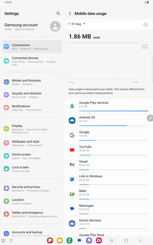 The data usage for each application is displayed below the name of the application.