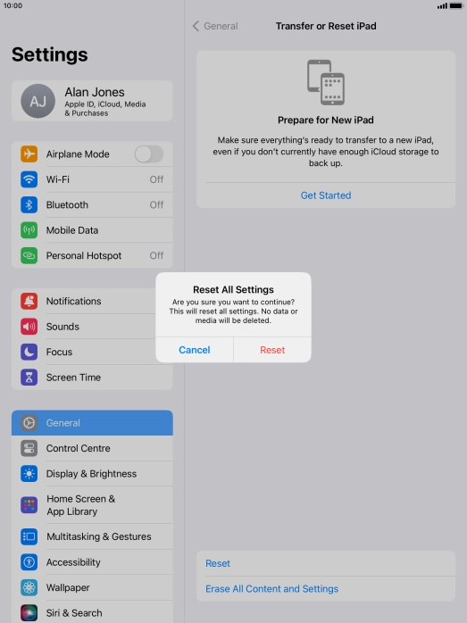 Press Reset. Wait a moment while the factory default settings are restored. Follow the instructions on the screen to set up your tablet and prepare it for use.