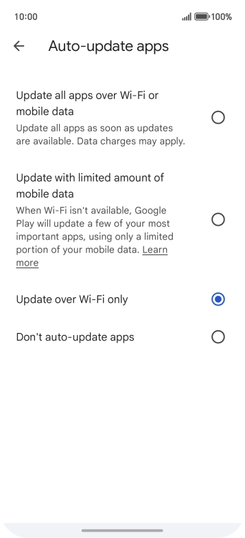 To turn on automatic update of apps using mobile network, press Update all apps over Wi-Fi or mobile data.
