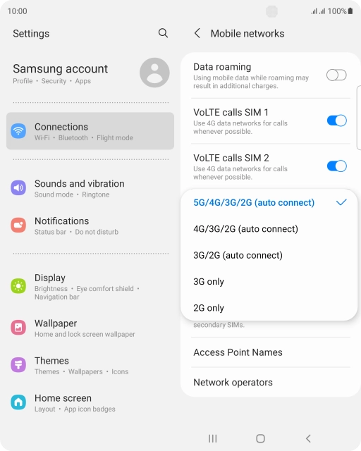 Press the required network mode.