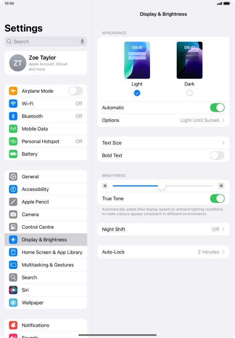 If you turn on the function, press Options and follow the instructions on the screen to select the required period of time for Dark Mode.