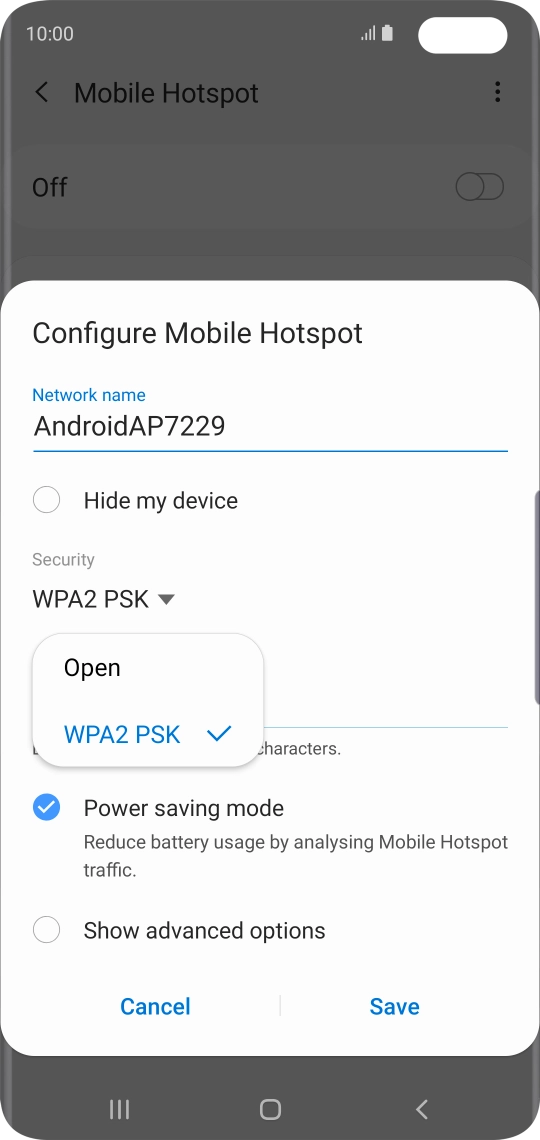 Press WPA2 PSK to password protect your Wi-Fi hotspot.