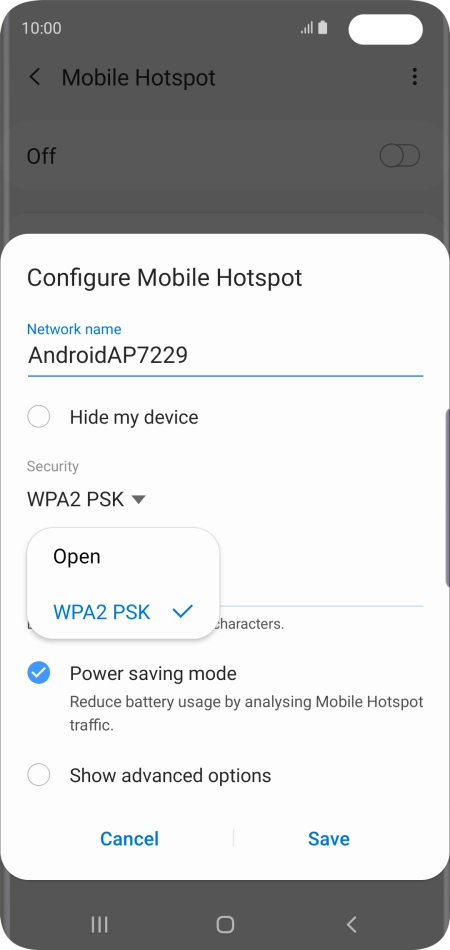 Press WPA2 PSK to password protect your Wi-Fi hotspot.