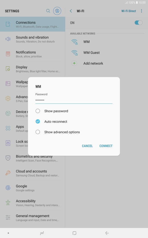 Key in the password for the Wi-Fi network and press CONNECT.