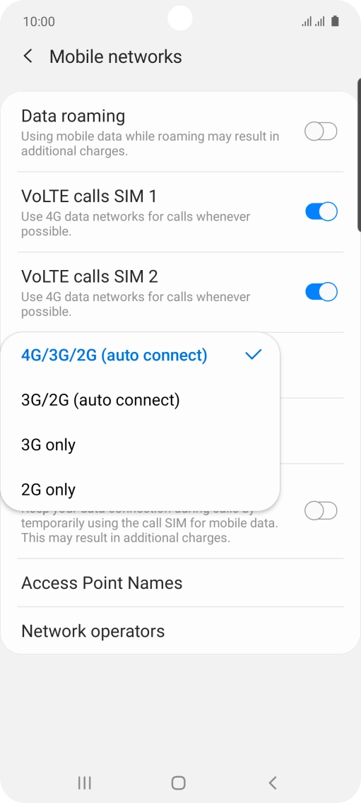 Press the required network mode.