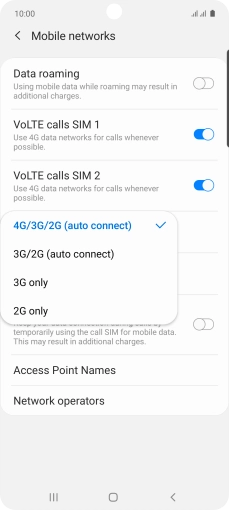 Press the required network mode.