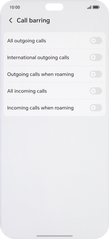 Press the indicator next to the required barring type to turn the function on or off.