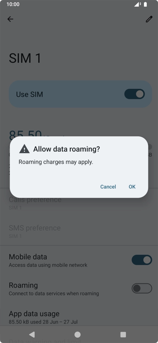 If you turn on data roaming, press OK.