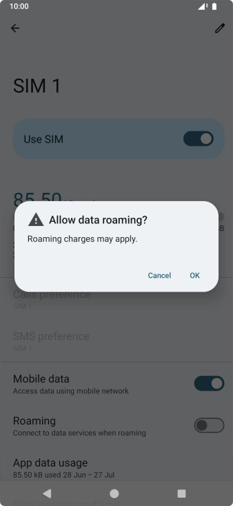If you turn on data roaming, press OK.