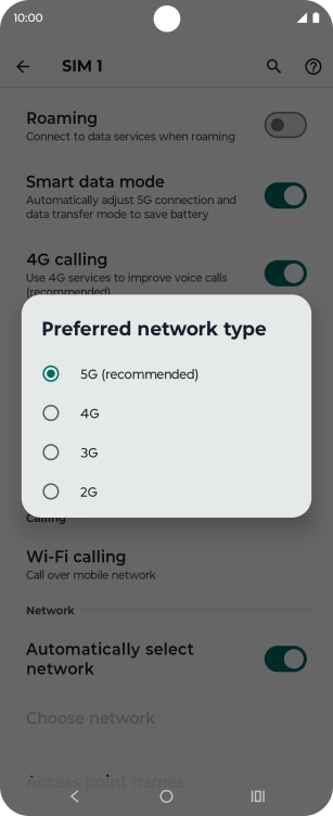 Press the required network mode.