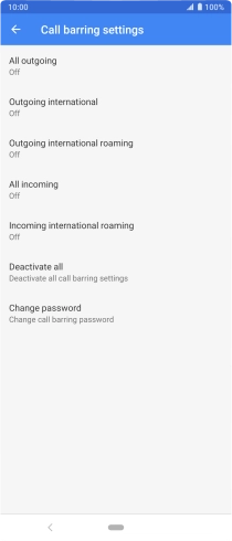 Press the required barring type to turn the function on or off.