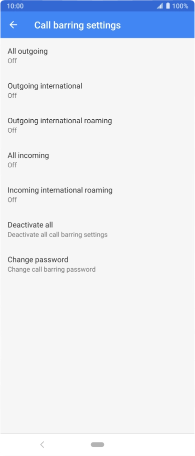 Press the required barring type to turn the function on or off.