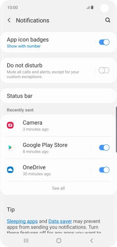Press the indicator next to the required app to turn the function on or off.