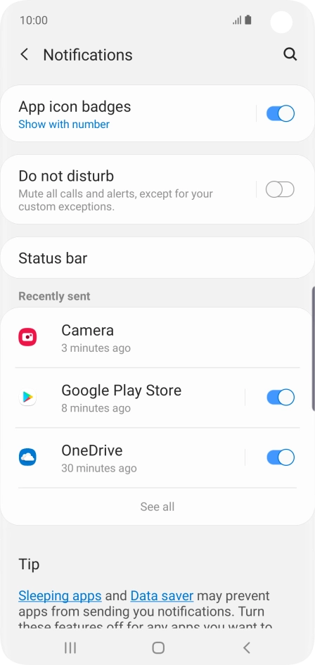Press the indicator next to the required app to turn the function on or off.