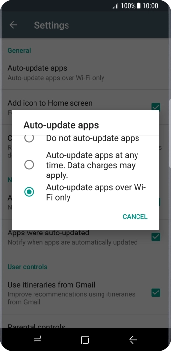 Press Auto-update apps over Wi-Fi only to turn on the function.