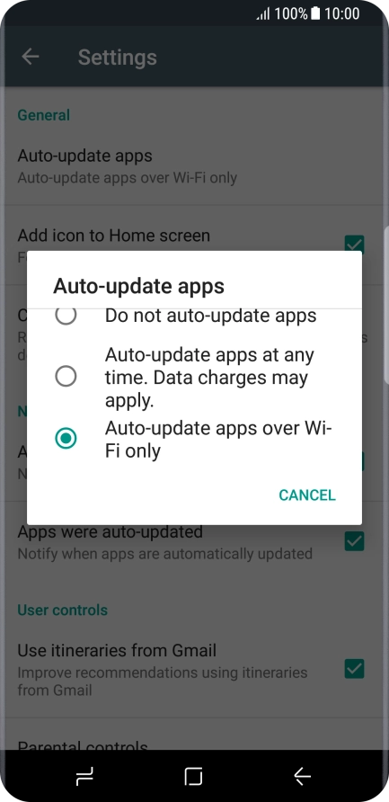 Press Auto-update apps over Wi-Fi only to turn on the function.