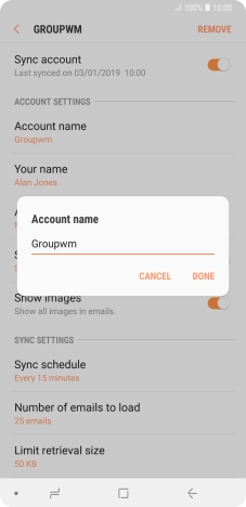 Key in the required name for the email account and press DONE.