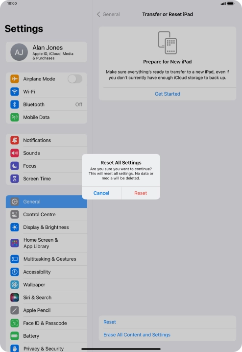 Press Reset. Wait a moment while the factory default settings are restored. Follow the instructions on the screen to set up your tablet and prepare it for use.