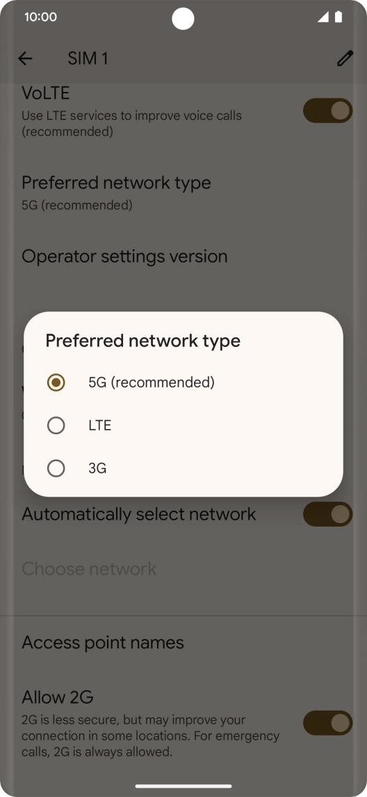 Press the required network mode.
