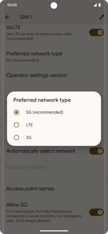 Press the required network mode.