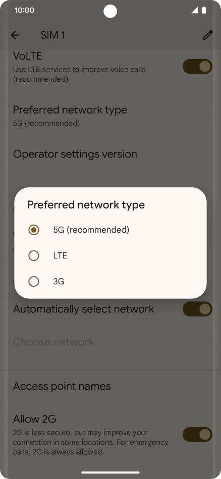 Press the required network mode.