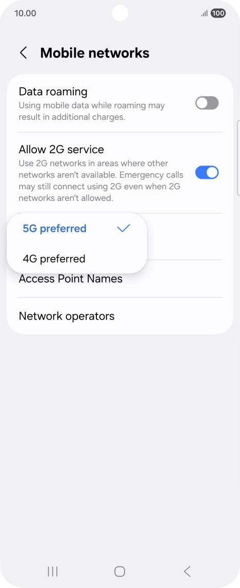 Press the required network mode.