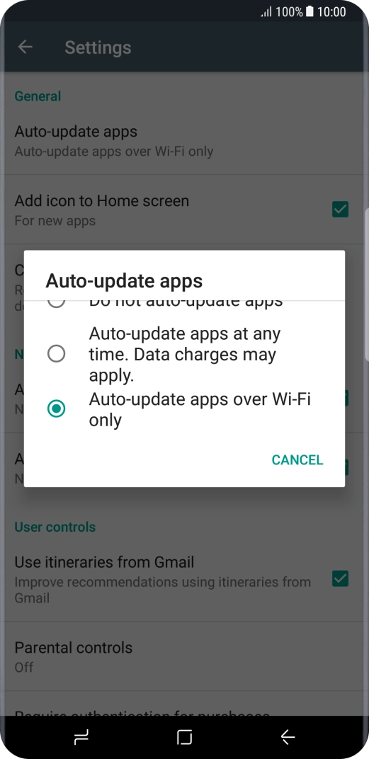 Press Auto-update apps over Wi-Fi only to turn on the function.