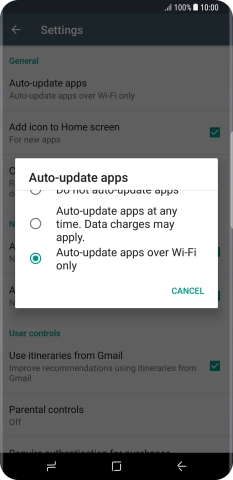 Press Auto-update apps over Wi-Fi only to turn on the function.