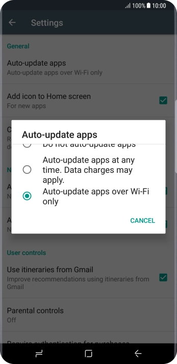 Press Auto-update apps over Wi-Fi only to turn on the function.