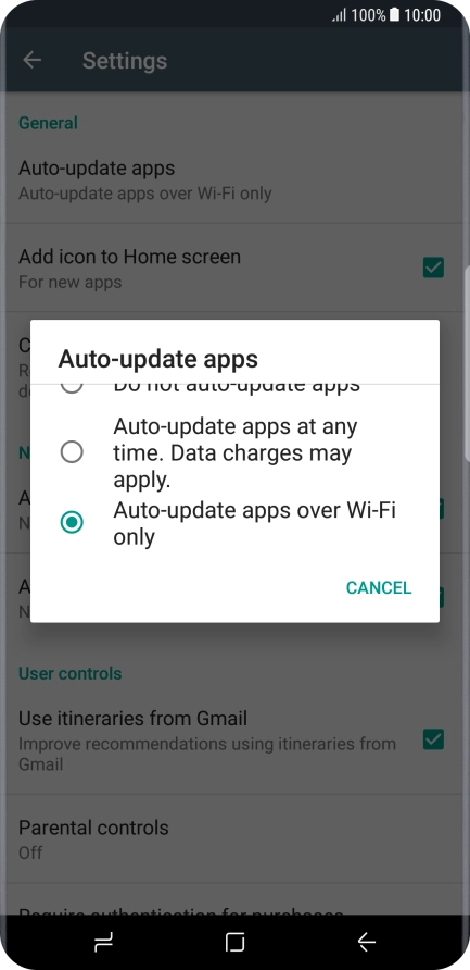 Press Auto-update apps over Wi-Fi only to turn on the function.