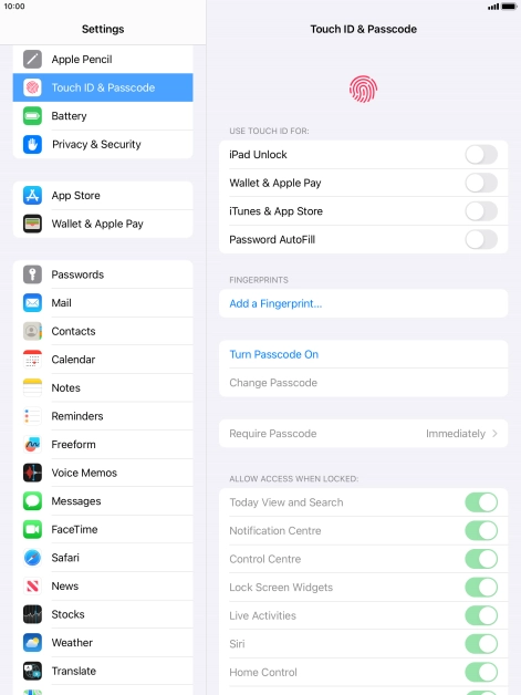 Press Turn Passcode On and key in a lock code of your own choice twice.