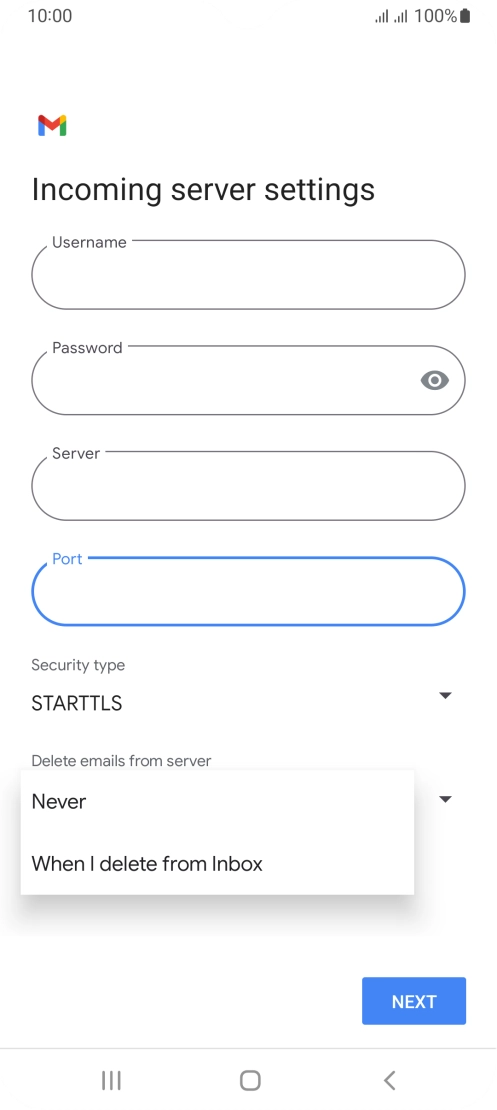 Press Never to keep email messages on the server when you delete them on your phone.