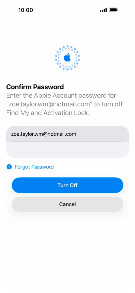 Key in the password for your Apple Account and press Turn Off. Wait a moment while the factory default settings are restored. Follow the instructions on the screen to set up your phone and prepare it for use.