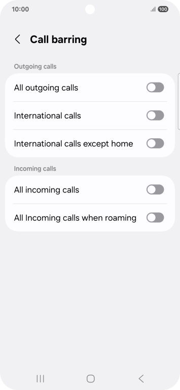 Press the indicator next to the required barring type to turn the function on or off.