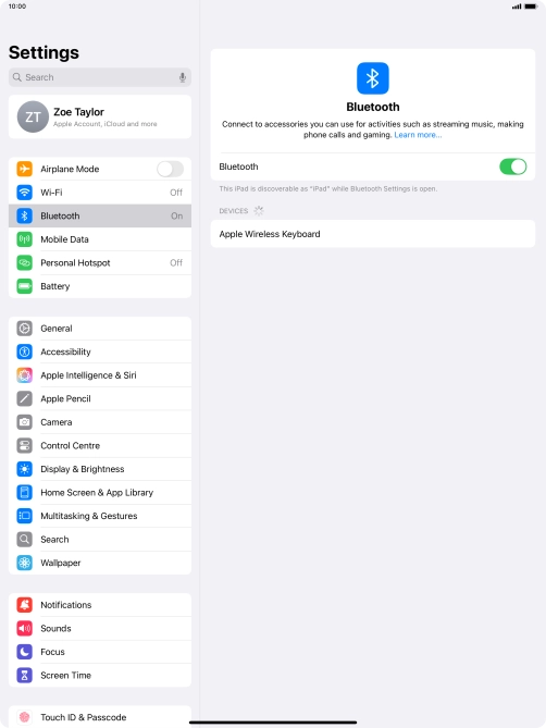 Press the required Bluetooth device and follow the instructions on the screen to pair the device with your tablet.
