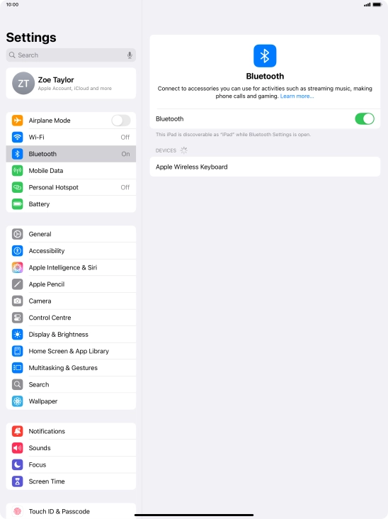 Press the required Bluetooth device and follow the instructions on the screen to pair the device with your tablet.
