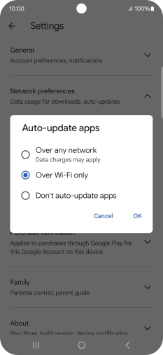 To turn on automatic update of apps using mobile network, press Over any network.