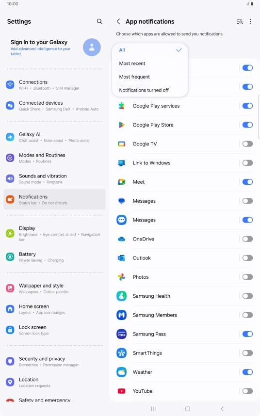 Press the required setting.