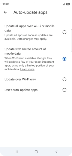 To turn on automatic update of apps using mobile network, press Update all apps over Wi-Fi or mobile data.