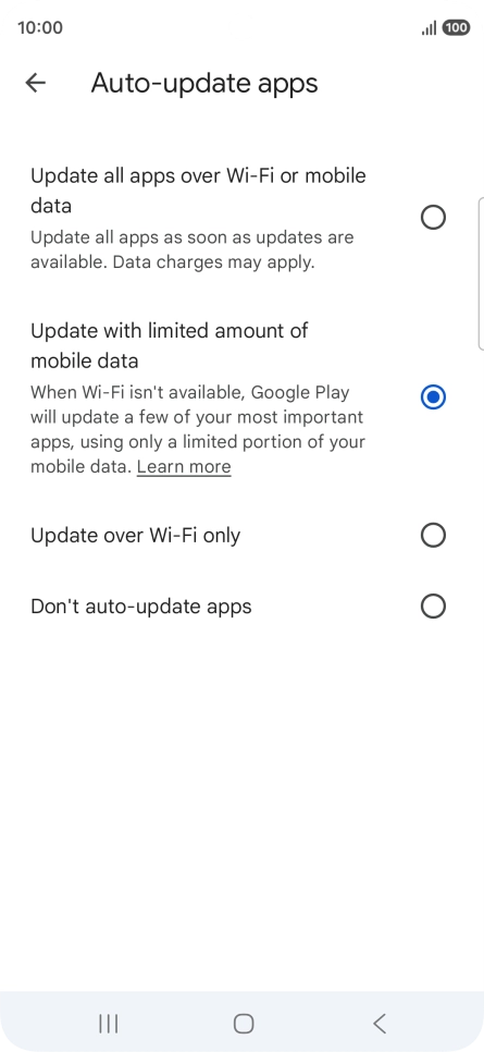 To turn on automatic update of apps using mobile network, press Update all apps over Wi-Fi or mobile data.