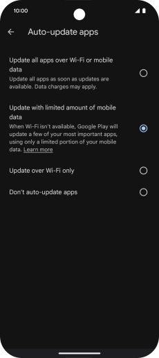 To turn on automatic update of apps using mobile network, press Update all apps over Wi-Fi or mobile data.