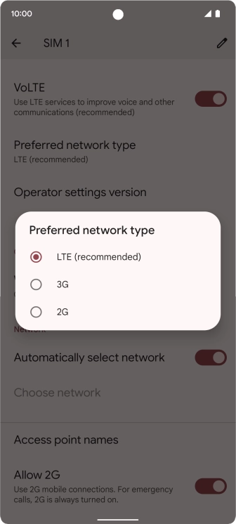 Press the required network mode.